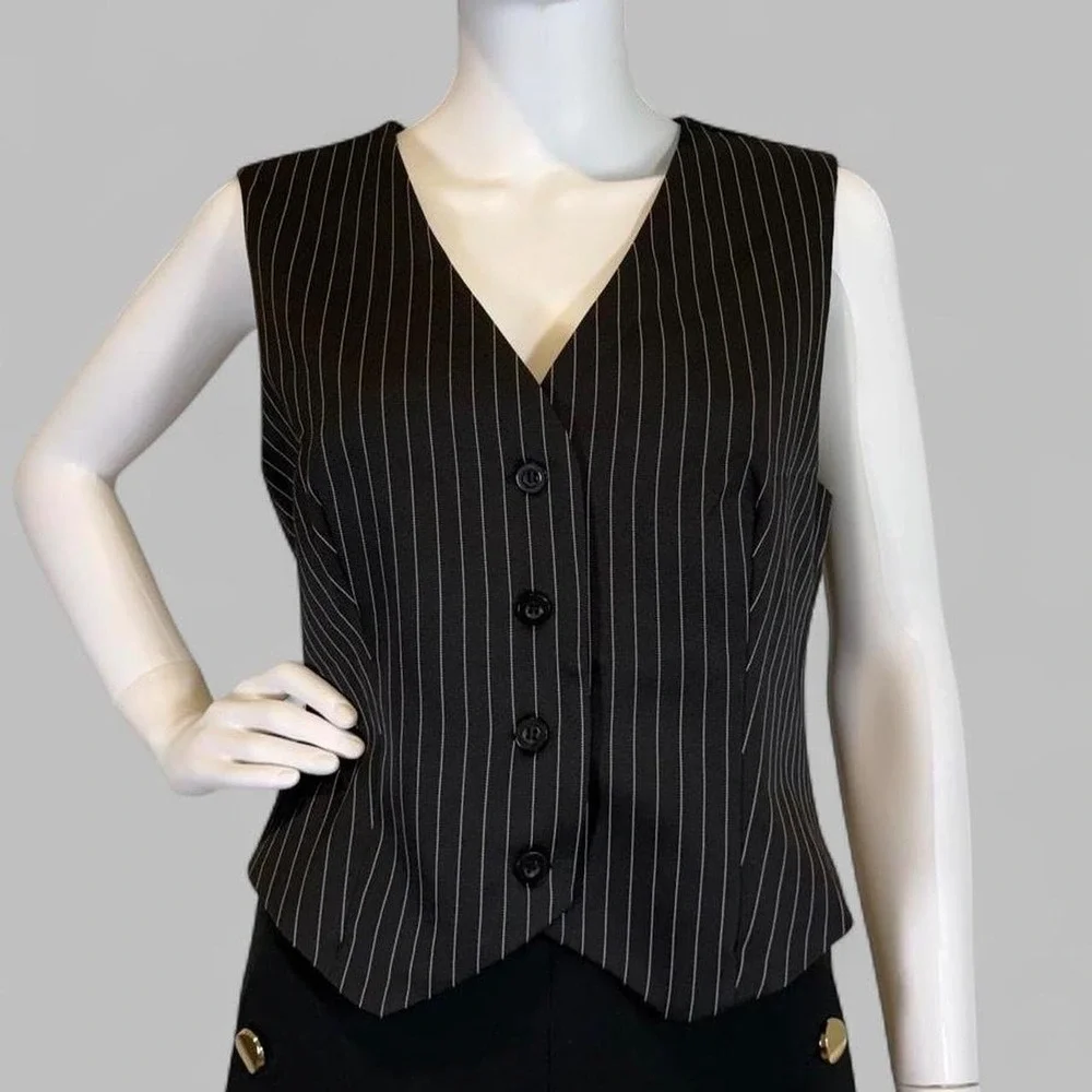 Commense Black Pinstripe Vest Top Women Large NWT Sleeveless Button Up Waistcoat